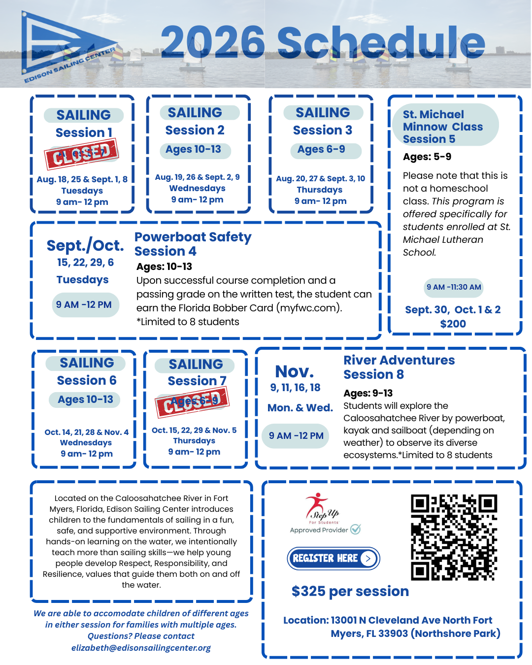 Edison Sailing Center 2026 homeschool schedule — sailing, powerboat safety, and river adventure sessions from August through November, $325 per session at Northshore Park